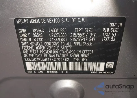 2019 Honda Hr-V Lx from USA, damaged, VIN 3CZRU5H37KG703482